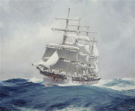 The four-masted wool clipper Port Jackson cutting through a heavy swell under reefed topsails by John Jack Robert Charles Spurling - Auction record, sale price, and art valuation. Compare with similar artists and explore comparable artworks.