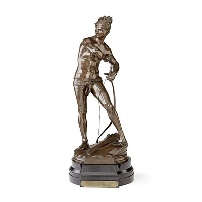A large bronze figure of a male nude Sarpédon holding a bow, a quiver of arrows at his feet