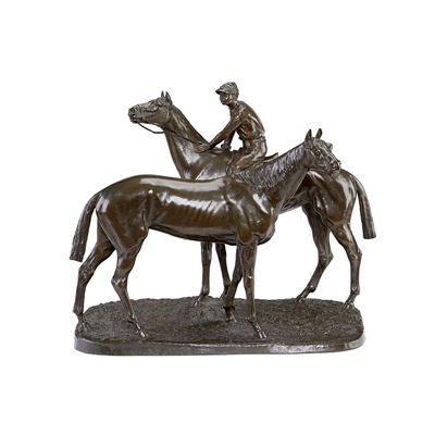 A large bronze equestrian group of two racehorses the first with jockey, the second without