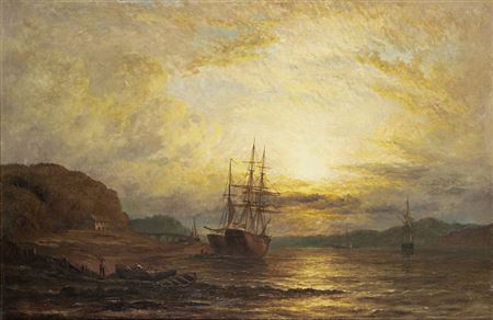 Estuary scene with shipping at sunset