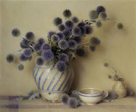 Still life with globe thistles in a vase