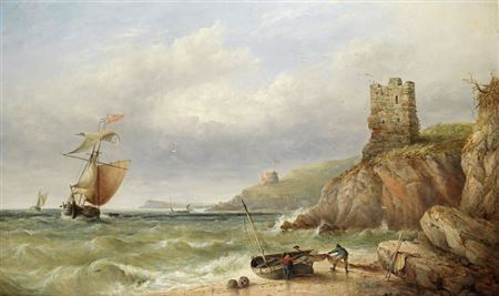 Fowey - fishermen unloading nets off the lookout station, with a brigantine and other shipping beyond