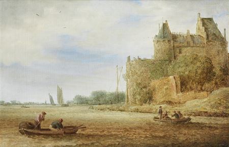 A river landscape with fishermen in boats and a walled town in the distance