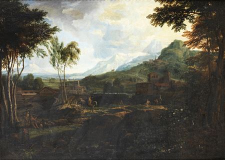 An extensive mountainous landscape with horsemen on a wooded path
