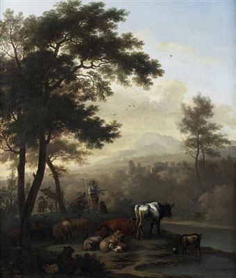 Shepherds grazing their cattle before an open Italianate landscape by Jan Vermeer van Haarlem II - Auction record, sale price, and art valuation. Compare with similar artists and explore comparable artworks.