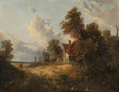 Tavern with church; Cottage and windmill; (a pair)