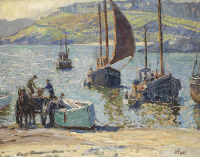 Harbour scene with figures unloading a boat