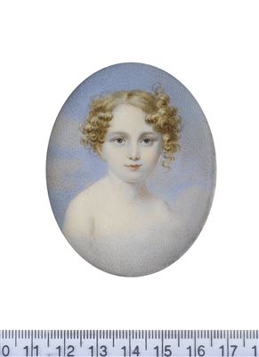 A memorial portrait miniature of a Child with strawberry-blonde hair cropped short and curled in ringlets, floating in a sky background