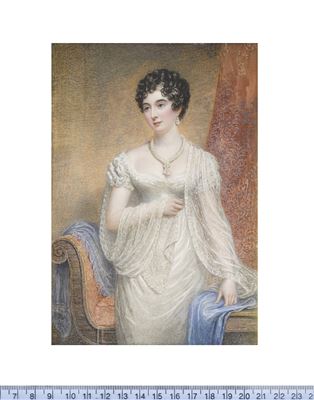 A Lady, standing before a chaise longue and drapery, wearing white décolleté dress and lace stole, multi-stranded pearl necklace, bandeau and pendant earring, her dark hair curled and upswept, blue shawls draped over the chaise longue and table beside her by Samuel John Stump - Auction record, sale price, and art valuation. Compare with similar artists and explore comparable artworks.