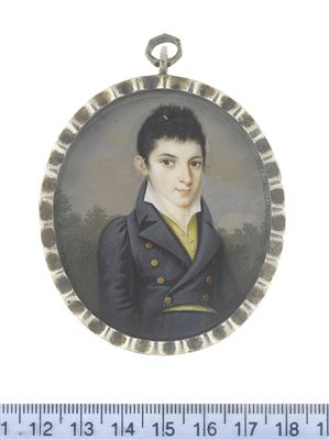 Baron Josef Emanuel von Huusmann (b.1797) standing against a landscape and wearing blue double-breasted coat and breeches, yellow waistcoat and white chemise
