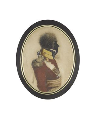 A half-length silhouette of an Officer of the 12th (East Suffolk) Regiment of Foot, c.1805, profile to the right, wearing scarlet coat, crimson sash, white cross-belt with rectangular regimental belt-plate bearing the number 12, epaulette, yellow standing
