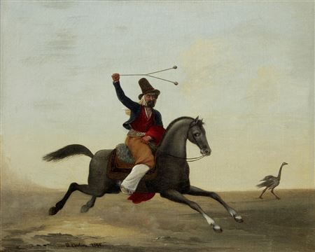 A gaucho hunting a rhea on the pampas