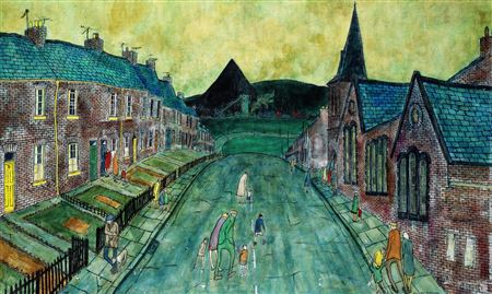 Street scene with slag heap in the distance