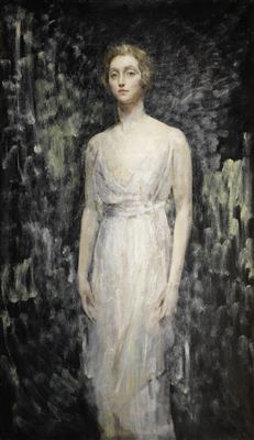Portrait of a Lady, full length, in a white gown by Ambrose McEvoy - Auction record, sale price, and art valuation. Compare with similar artists and explore comparable artworks.