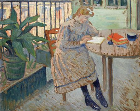Girl reading on a shaded balcony by Louis Charlot - Auction record, sale price, and art valuation. Compare with similar artists and explore comparable artworks.