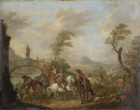 Figures on horseback by a river, an open landscape beyond