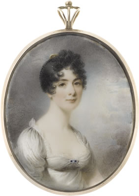 Mrs Mary Gaskell (d.1845), wearing white dress edged with lace, sapphire brooch at her corsage, her raven hair braided, curled and upswept with a tortoiseshell comb
