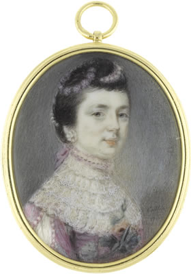 A Lady, wearing pink dress and tiered white lace collar, her sleeve decorated with pearls and slashed to reveal white, a floral posy to her corsage, pearl choker and earrings, her dark hair upswept and dressed with strands of pearls and pink flowers