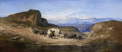 A group of bullocks with their herders carrying a block of Carrara marble from the quarries of the Apuan Mountains, Tuscany, down to the town of Carrara
