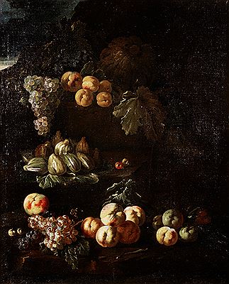 Figs, peaches and grapes before a rocky landscape