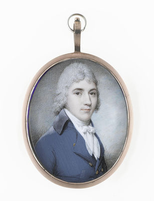 A Gentleman, wearing blue double-breasted coat with black collar, white waistcoat, chemise, stock and tied cravat, his hair powdered by Charles Hayter - Auction record, sale price, and art valuation. Compare with similar artists and explore comparable artworks.