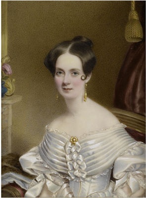 A Lady called, Mrs Cuthison, seated in an interior, wearing white décolleté dress with bouffant sleeves finished with ribbon and lace, gold brooch and pendent earrings, her hair parted and upswept