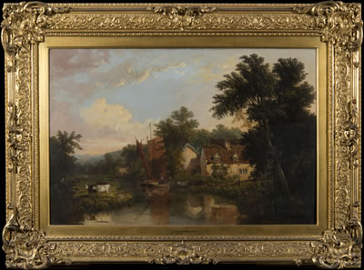 River scene with figures, wherry and cattle, Norwich castle on the horizon