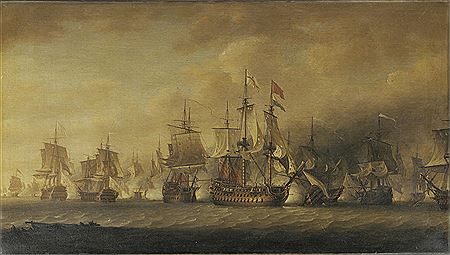 Admiral Rodney’s flagship “Formidable” raking the enemy with a port broadside early on in the battle of the Saintes, 12th April 1782
