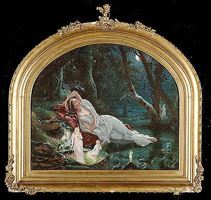 Titania sleeping in the moonlight protected by her fairies