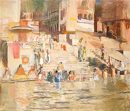 Bathing in the Ganges by Anthony Eyton - Auction record, sale price, and art valuation. Compare with similar artists and explore comparable artworks.