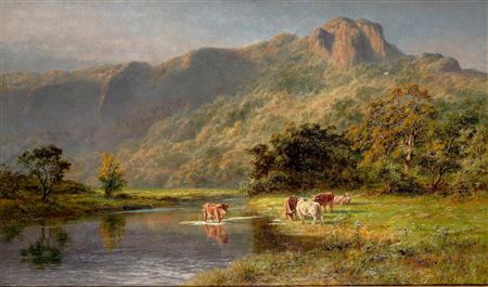 Cattle watering in a Highland landscape