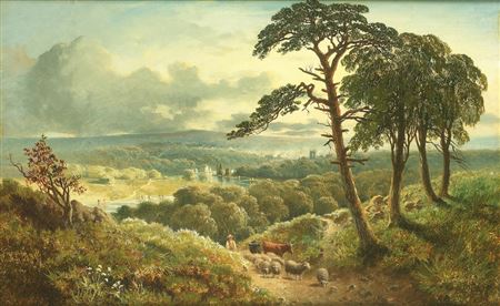 Driving cattle and sheep on a woodland path, a valley beyond
