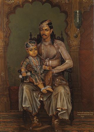 Maharajah Jaswant Singh of Bharatpur (reg. 1853-93), aged three, seated with the Regent, Saval Singh