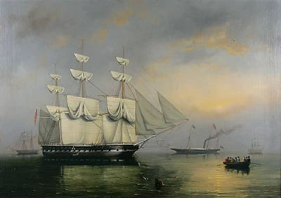 The Royal Yacht 'Fairy', with Queen Victoria on board, threading her way through ships of the fleet anchored in Spithead
