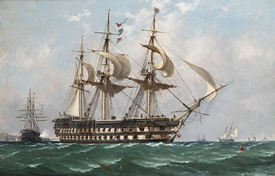 H.M.S. 'Nile' getting underway accompanied by a salute from the flagship