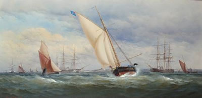 A large racing cutter preparing to round the mark, an ironclad battleship astern of her and a screw-powered two-decker nearby