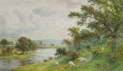 Sheep grazing by a stream; Sheep grazing in a rural landscape (a pair)