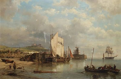 A harbour scene at low tide