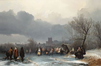 Winter scene with figures skating before a town