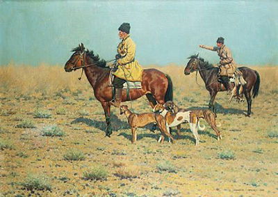 Hunting with hounds on the steppes by Hugo Ungewitter - Auction record, sale price, and art valuation. Compare with similar artists and explore comparable artworks.