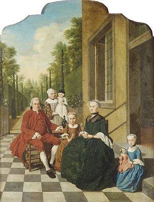 A group portrait of a gentleman and his wife with their two daughters and a maid holding an infant in a courtyard, a view to an avenue of trees beyond