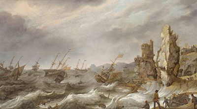 Dutch shipping foundering in stormy seas, a village on a rocky outcrop beyond
