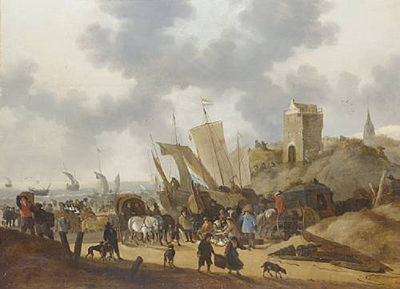 The beach at Scheveningen with fishermen unloading their catch and shipping beyond