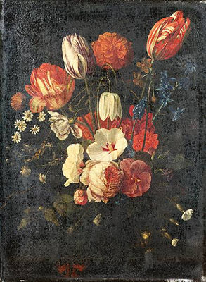 Tulips, a fritillary, hyacinths, bluebells, daisies, anemones, a rose and other flowers in a glass vase, with a red admiral butterfly