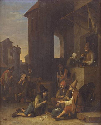 Peasants playing cards before a tavern