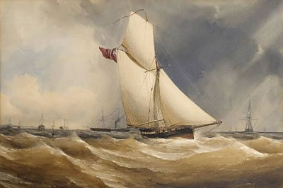A large racing cutter in the Channel, the hills above Portsmouth in the distance