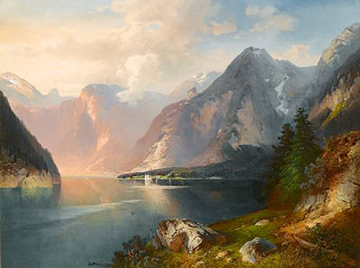 Sample artwork by Nicolai Lvovich Astudin (1848 - 1925), known for atmospheric rhine river scene painting, mountains, coastal views - View similar artists and auction records