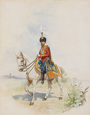 An equestrian portrait of Grand Duke Nicholas Nicholaevich in the uniform of an officer in His Majesty's Hussars