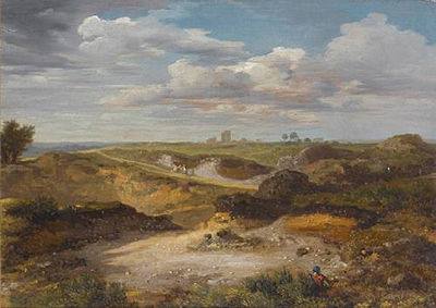 An extensive landscape with sandpits, a figure resting in the foreground and two travellers on a country path beyond