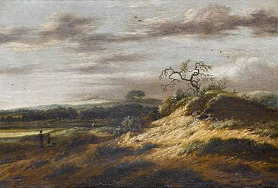 A dune landscape with two figures on a country path